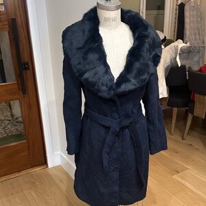 Midnight Blue Wool winter coat with detachable  Fur Collar